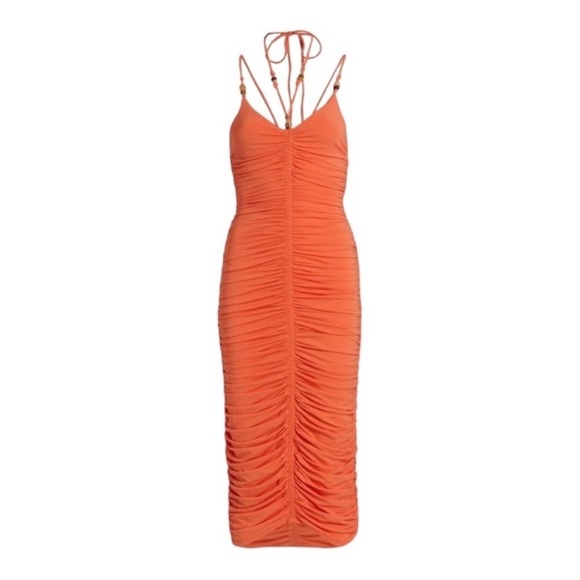A.L.C. SANGRIA ORANGE ALLEGRA RUCHED BEAD EMBELLISHED MIDI DRESS size small EUC - Picture 2 of 11